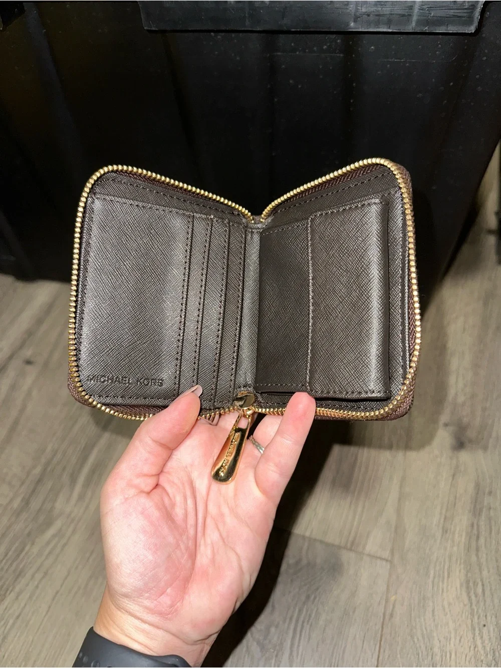 Michael Kors Brown Logo Zip Around Compact Wallet with Gold Plaque